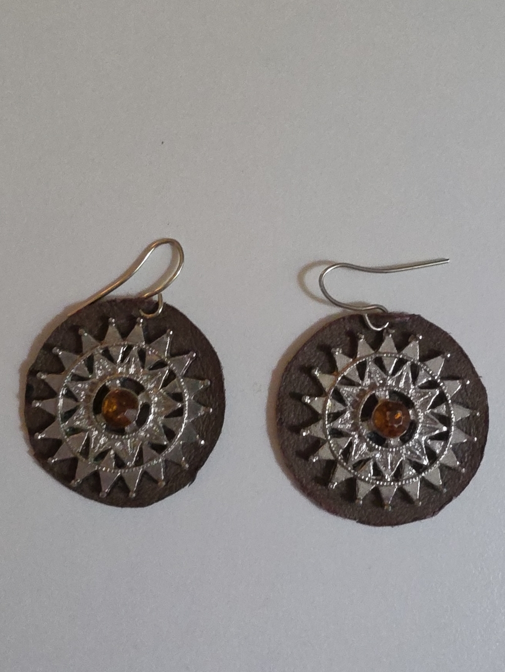 Brown Leather Sunburst Earrings with Amber Accent